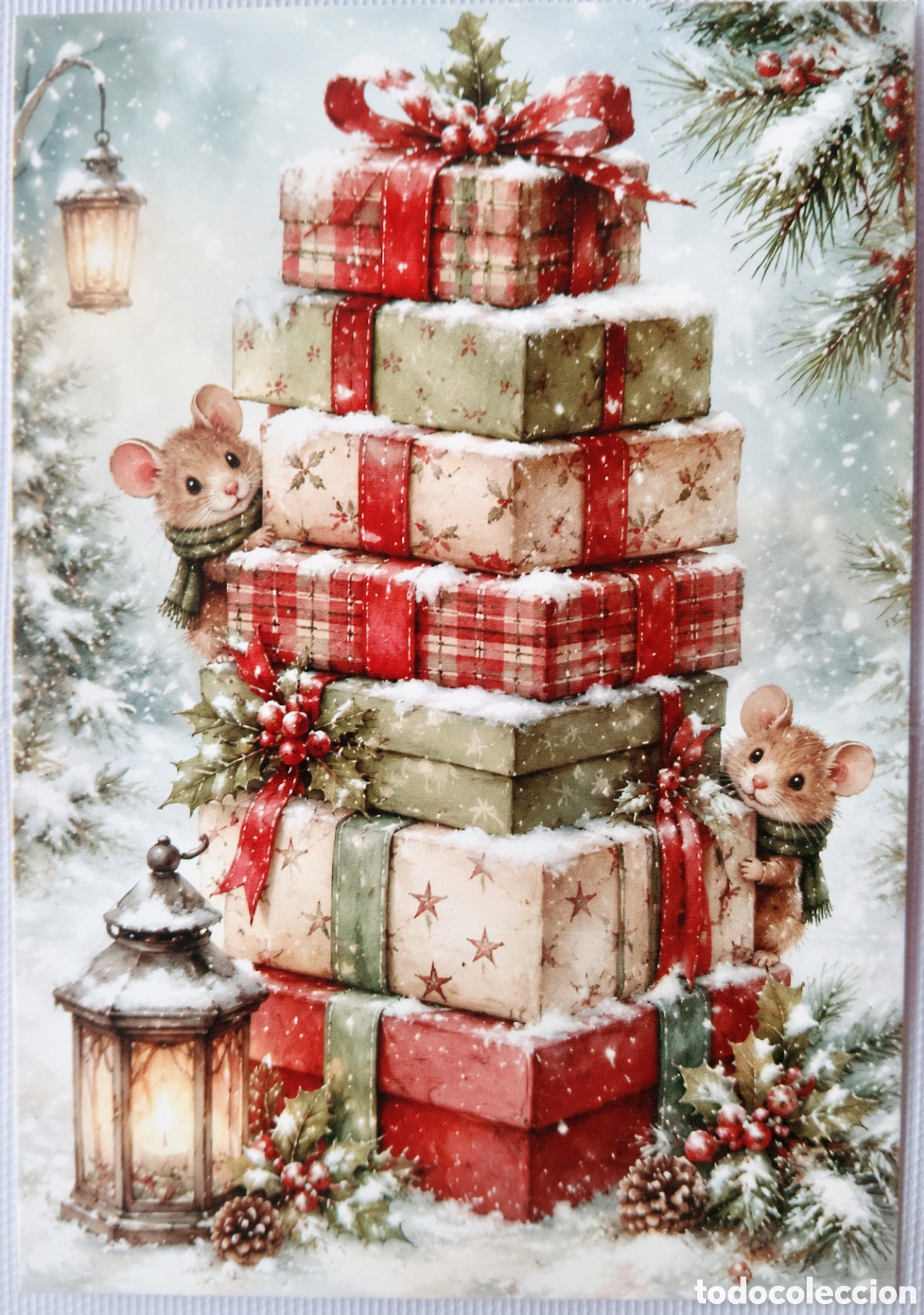 Postcards: POSTAL NAVIDAD - RATONCITOS MONTA&Ntilde;A REGALOS PAISAJE NEVADO - ESTILO ANTIGUO