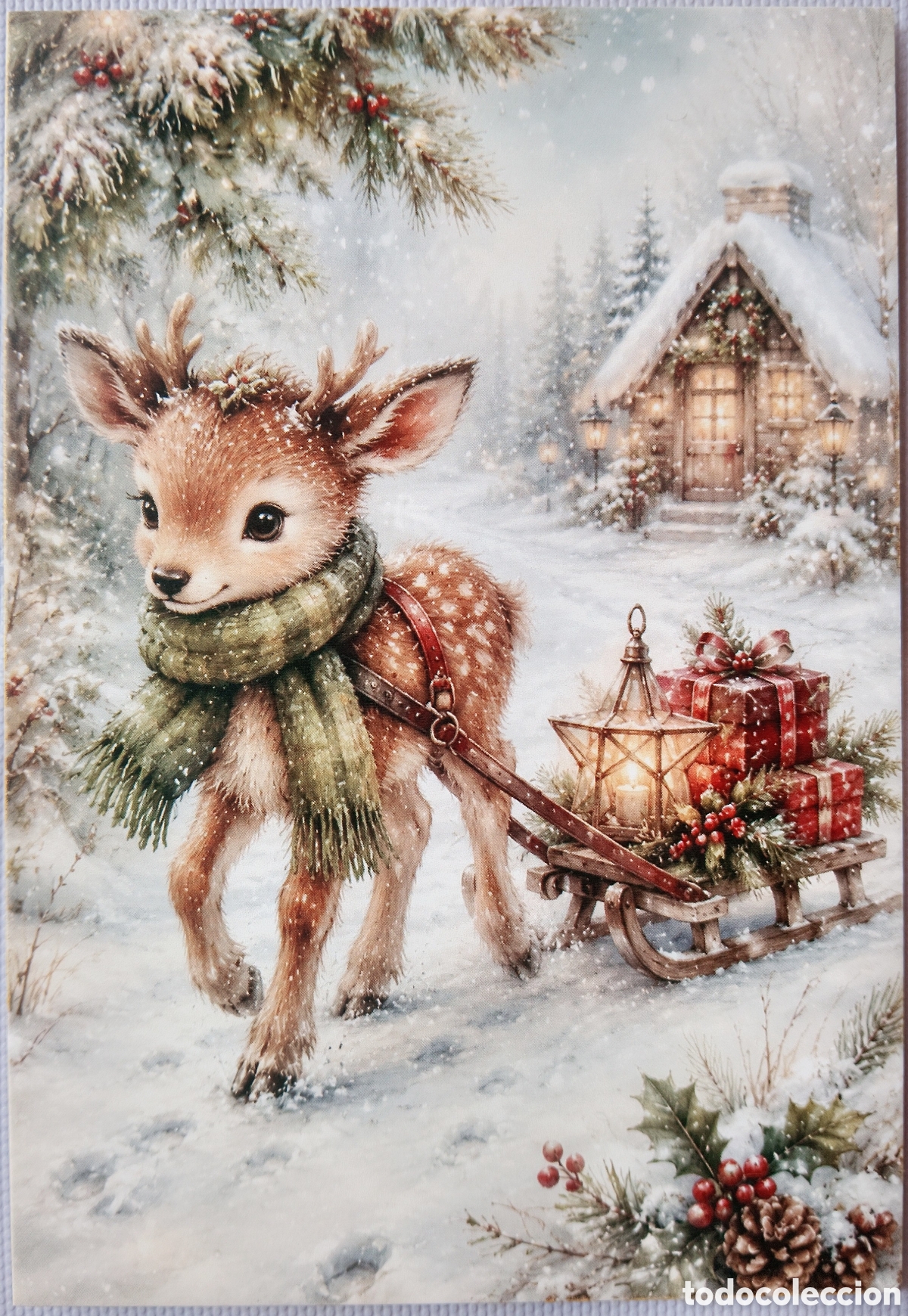 Postales: POSTAL NAVIDAD - CIERVO BAMBI TRINEO PAISAJE NEVADO - ESTILO ANTIGUO