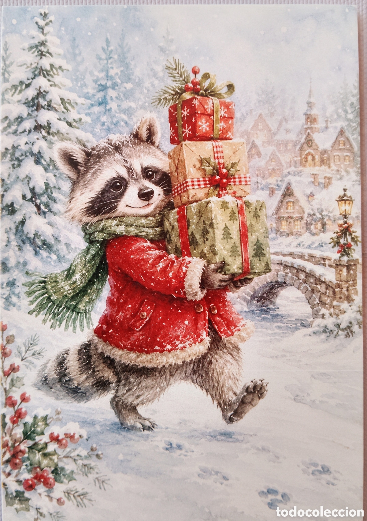 Postales: POSTAL NAVIDAD - MAPACHE REGALOS PAISAJE NEVADO - ESTILO ANTIGUO