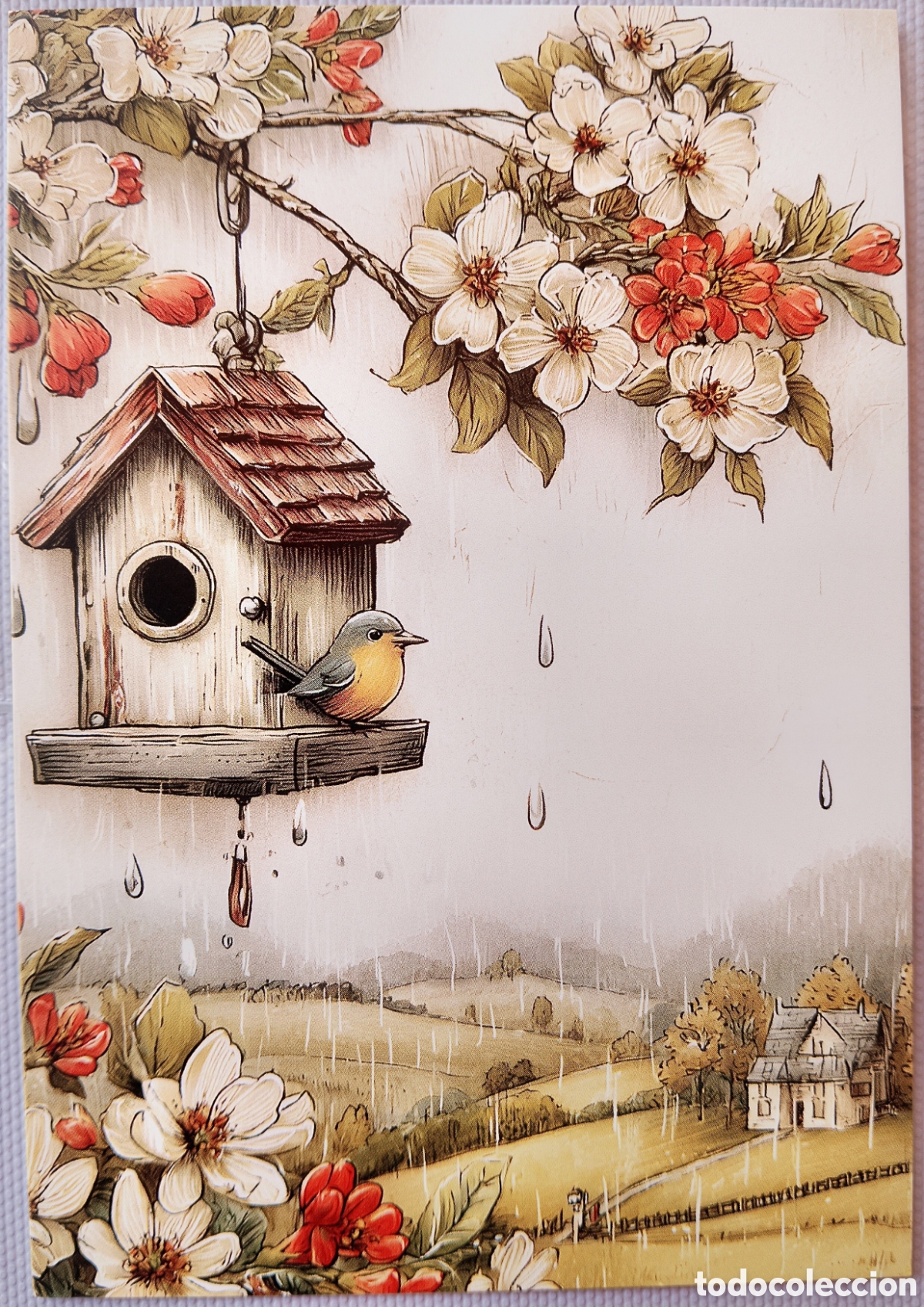 Postales: POSTAL NAVIDAD - PAJARITO CASITA &Aacute;RBOL LLUVIA - ESTILO ANTIGUO