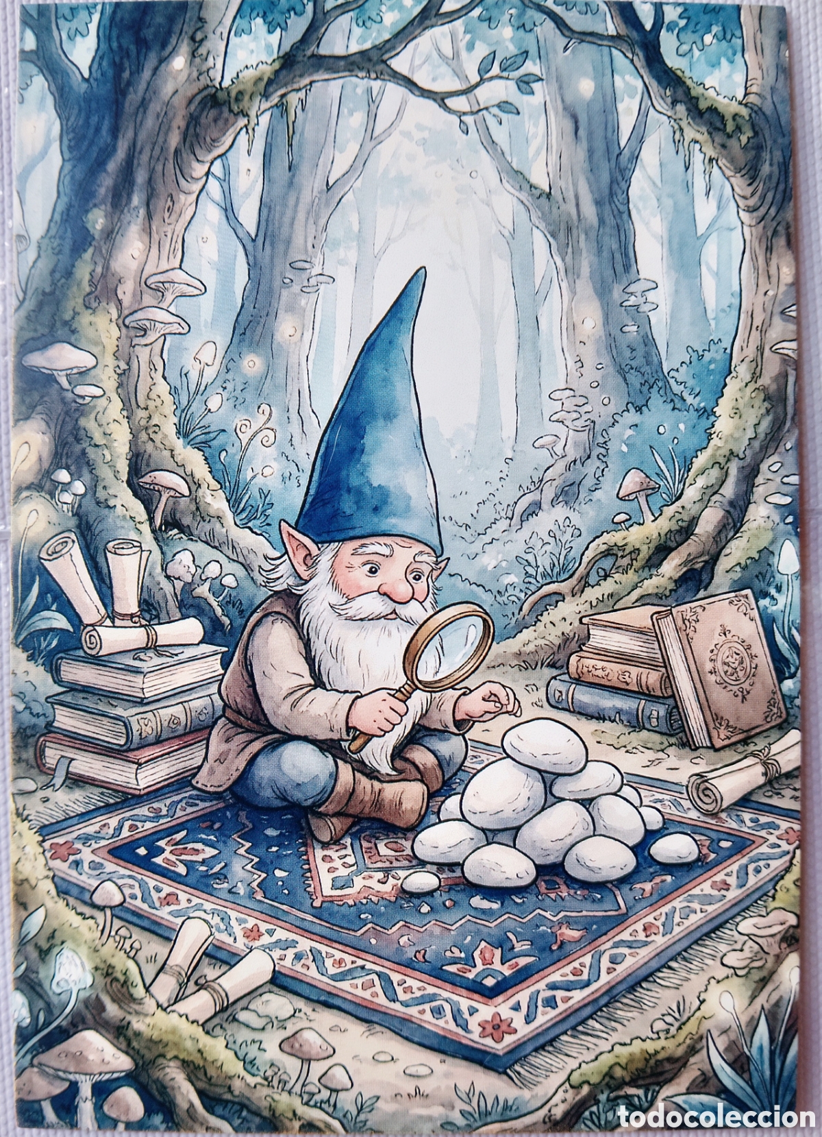 Postales: POSTAL NAVIDAD - GNOMO LUPA PIEDRAS LIBROS PERGAMINOS BOSQUE - ESTILO ANTIGUO