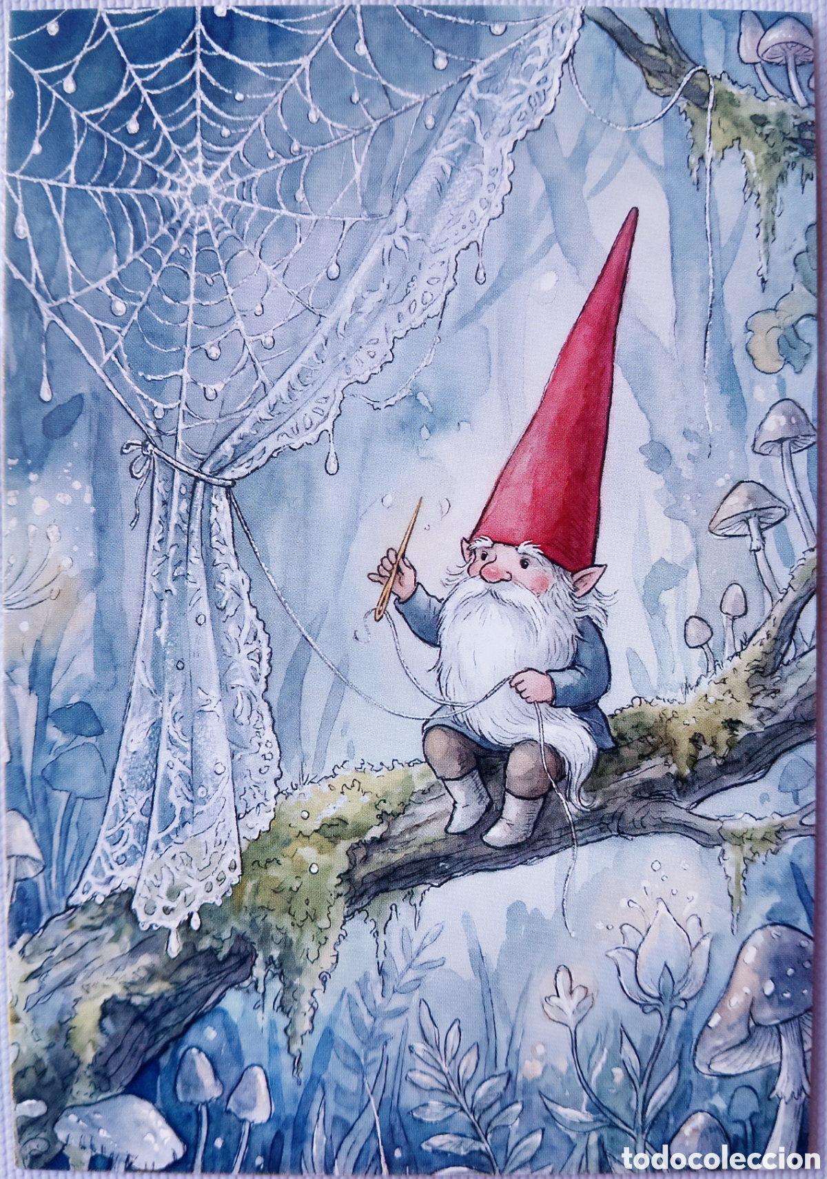 Postales: POSTAL NAVIDAD - GNOMO TEJIENDO TELARA&Ntilde;A BOSQUE - ESTILO ANTIGUO
