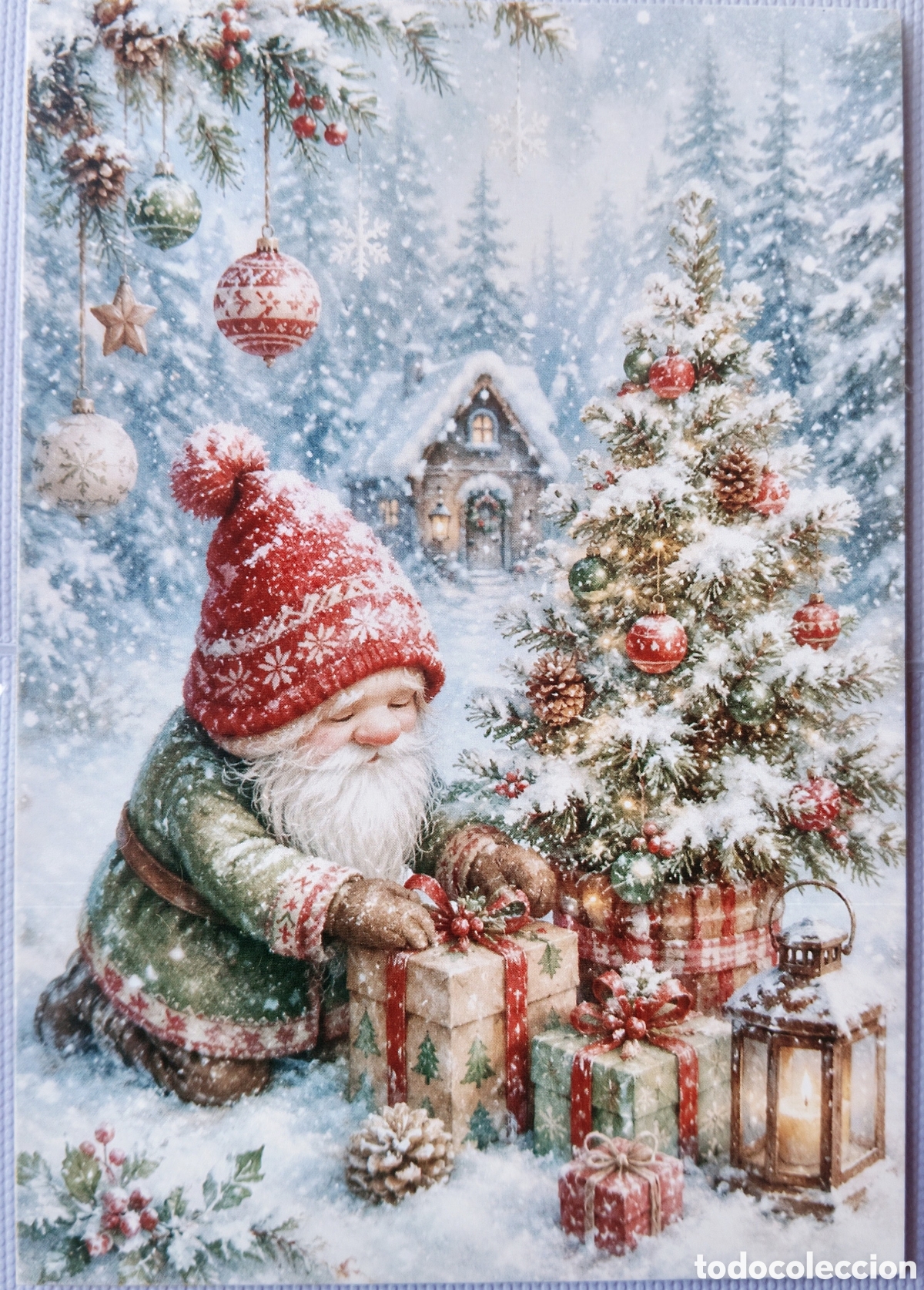 Postales: POSTAL NAVIDAD - GNOMO DUENDE REGALOS &Aacute;RBOL PAISAJE NEVADO - ESTILO ANTIGUO