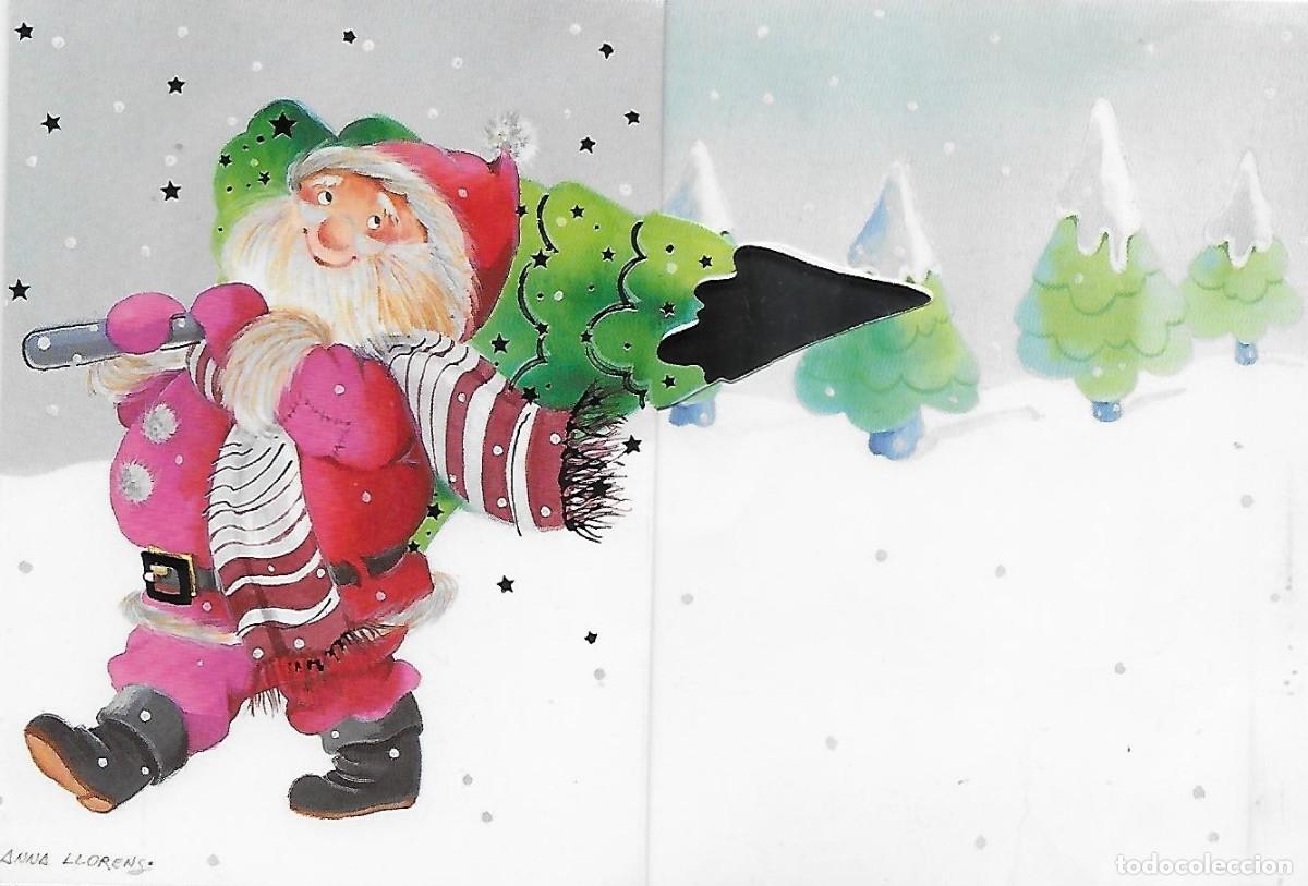 Postales: 7307T- ANNA LLORENS-PAP&Aacute; NOEL TANSEUNTE CON UN ABETO- EDICROMO SERIE 9112.1- TRIPTICA 17X11,5 CM