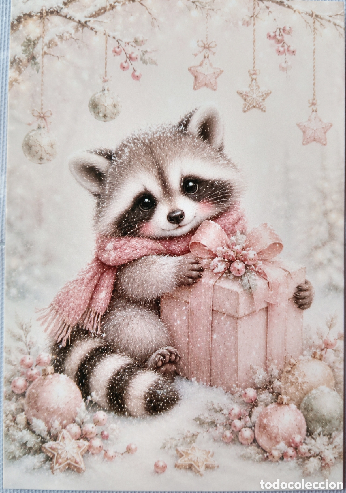 Postales: POSTAL NAVIDAD - MAPACHE REGALO PAISAJE NEVADO - ESTILO ANTIGUO