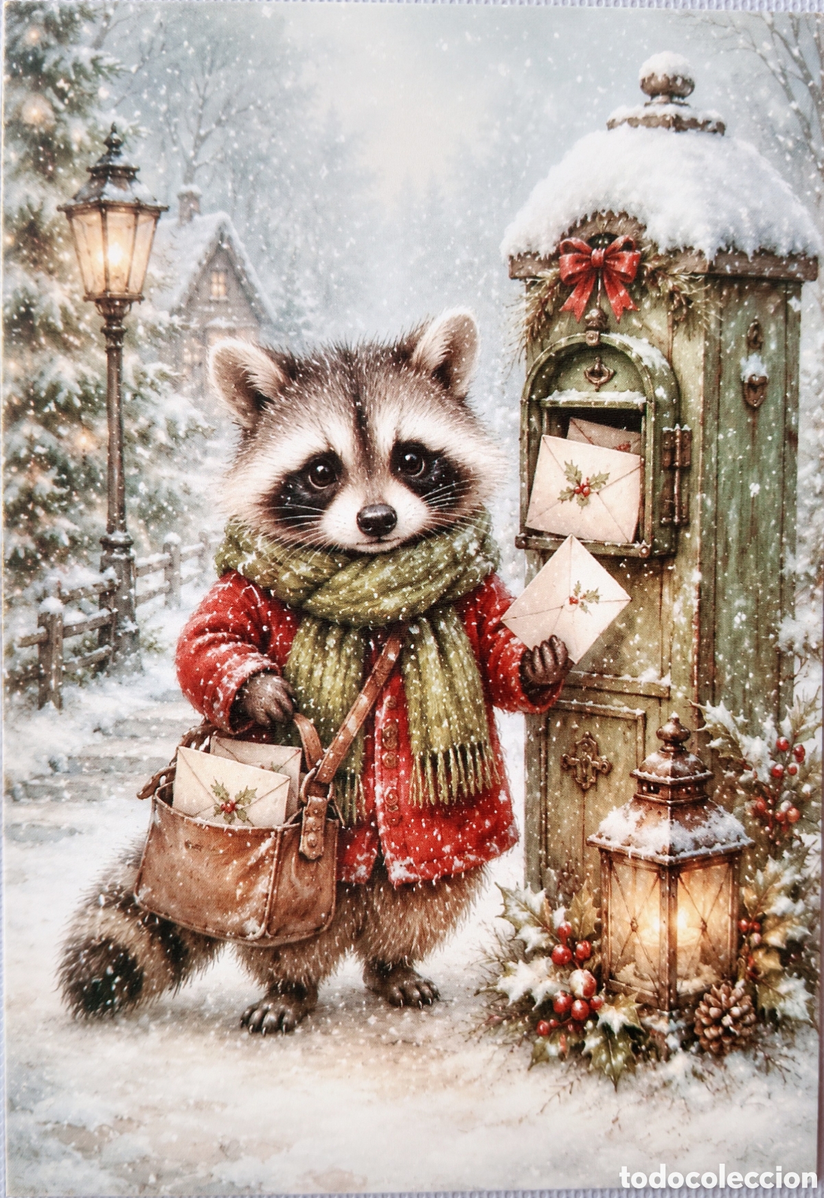 Postales: POSTAL NAVIDAD - MAPACHE CARTAS BUZ&Oacute;N PAISAJE NEVADO - ESTILO ANTIGUO