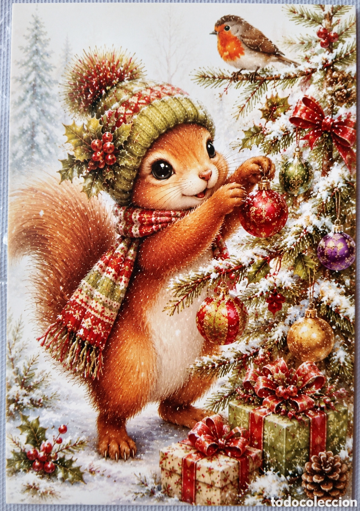 Postales: POSTAL NAVIDAD - ARDILLA PAJARITO BOLAS &Aacute;RBOL PAISAJE NEVADO - ESTILO ANTIGUO