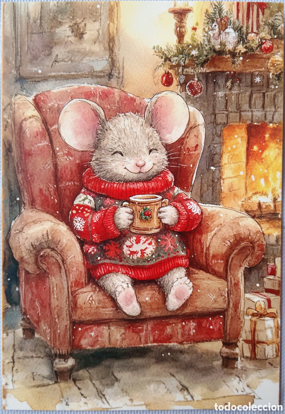 Postales: POSTAL NAVIDAD - RATONCITO TAZA SILL&Oacute;N CHIMENEA - ESTILO ANTIGUO