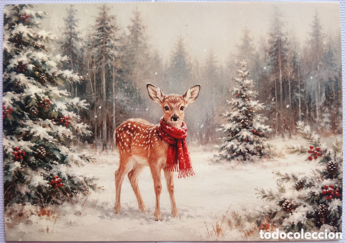 Postales: POSTAL NAVIDAD - CIERVO BUFANDA PAISAJE NEVADO - ESTILO ANTIGUO