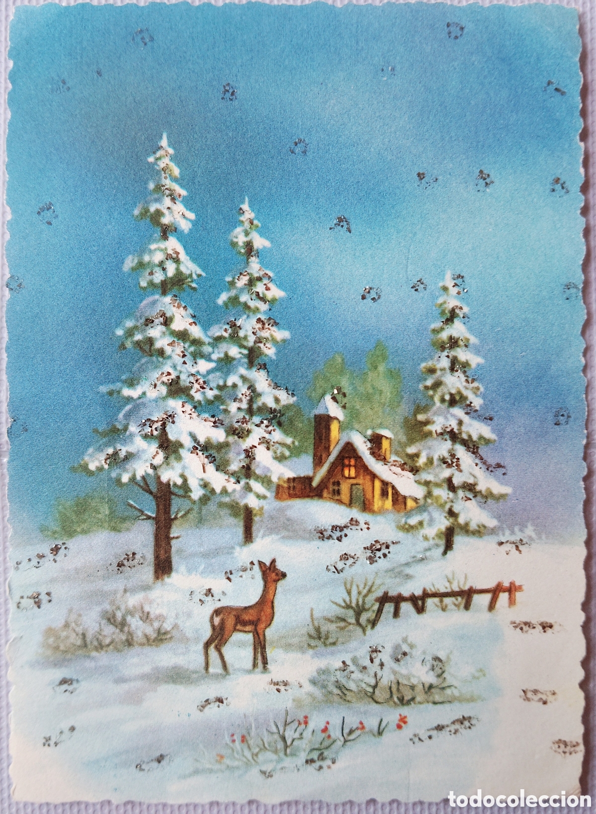 Postales: FELICITACI&Oacute;N NAVIDAD ANTIGUA - CIERVO PAISAJE NEVADO - PURPURINA
