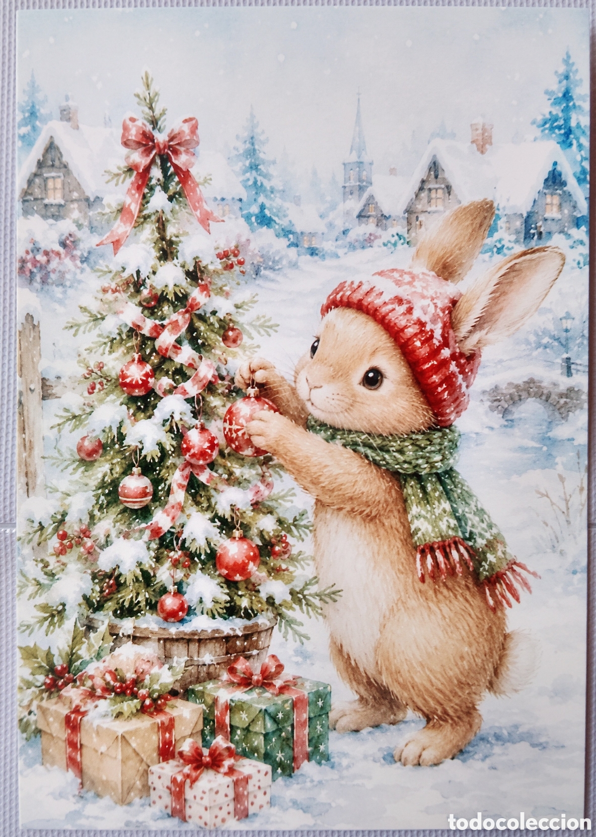 Postales: POSTAL NAVIDAD - CONEJITO &Aacute;RBOL PAISAJE NEVADO - ESTILO ANTIGUO