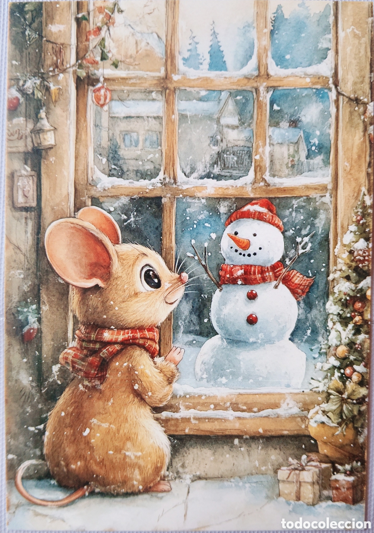 Postales: POSTAL NAVIDAD - RATONCITO VENTANA MU&Ntilde;ECO DE NIEVE PAISAJE - ESTILO ANTIGUO