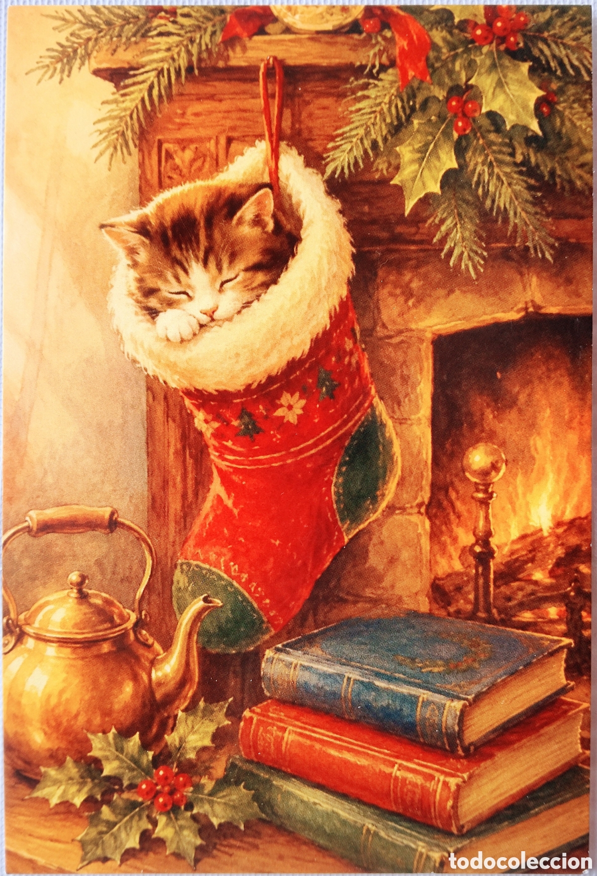 Postales: POSTAL NAVIDAD - GATITO GATO CALCET&Iacute;N LIBROS CHIMENEA - PAISAJE NEVADO