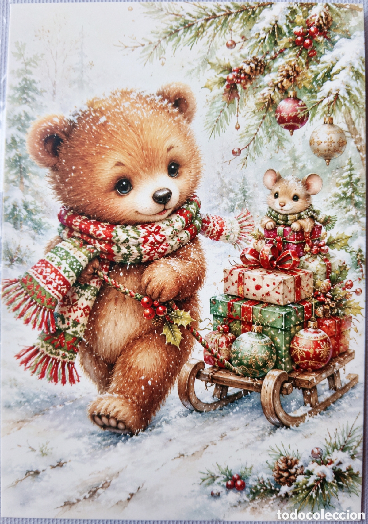 Postales: POSTAL NAVIDAD - OSO OSITO LAZO RATONCITO TRINEO PAISAJE NEVADO - ESTILO ANTIGUO