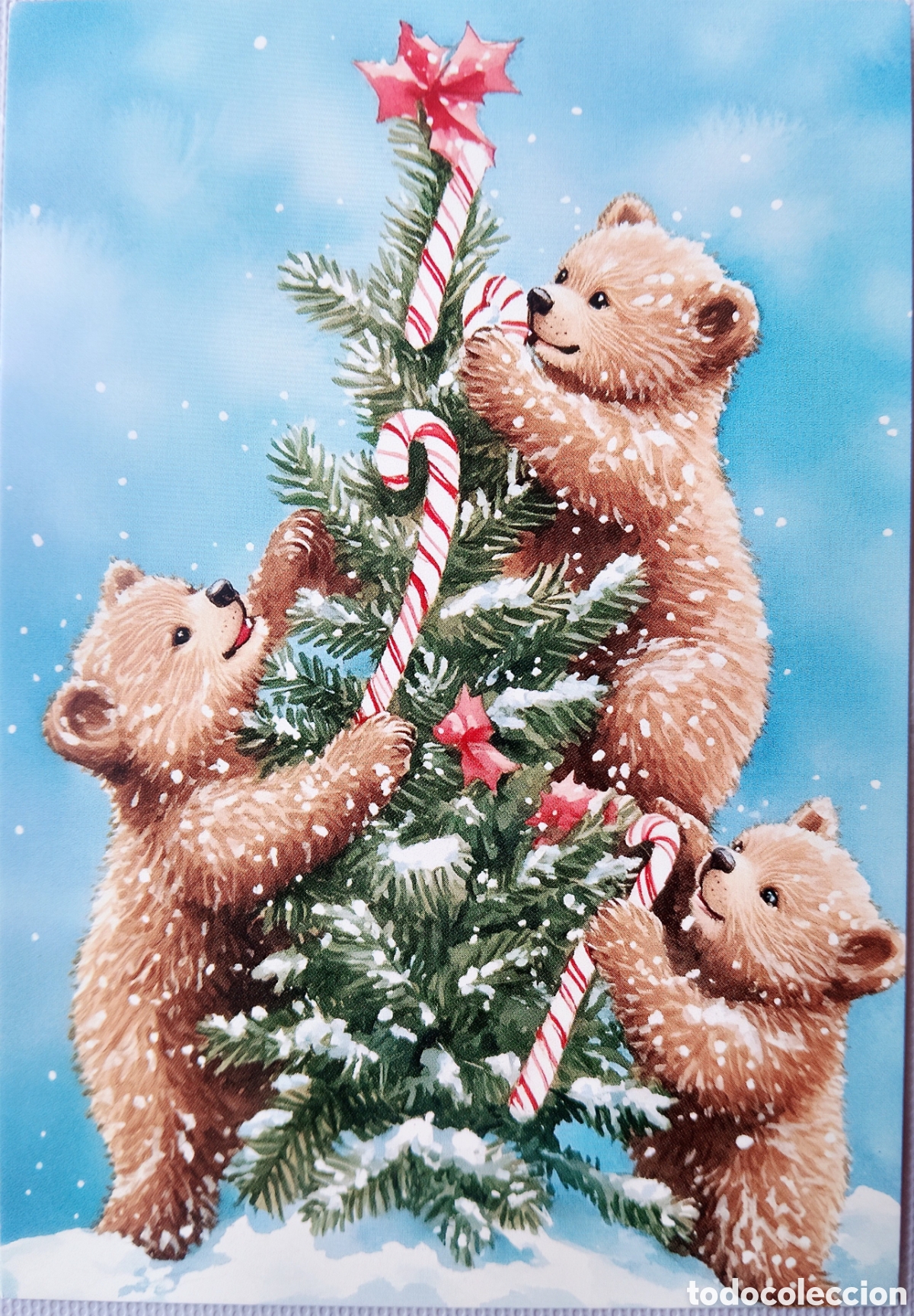 Postales: POSTAL NAVIDAD - OSOS OSITOS BASTONES &Aacute;RBOL PAISAJE NEVADO - ESTILO ANTIGUO