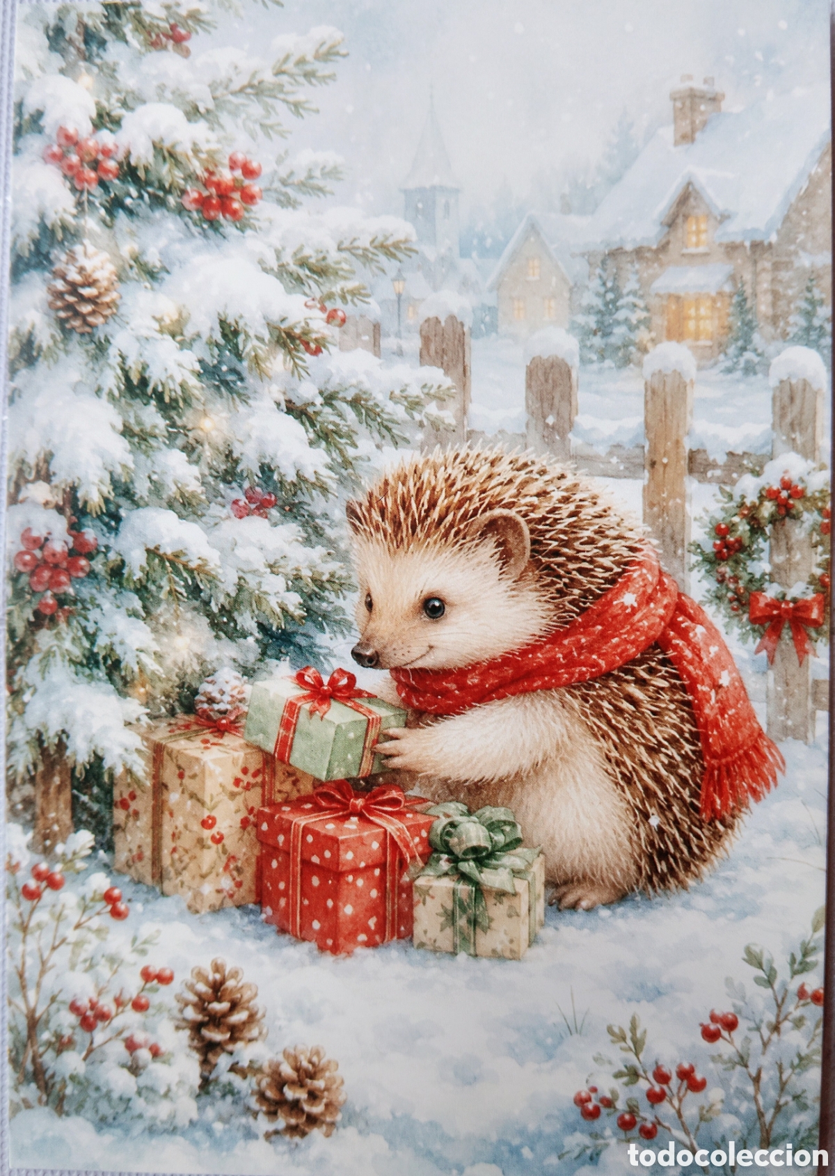 Postales: POSTAL NAVIDAD - ERIZO &Aacute;RBOL REGALOS PAISAJE NEVADO - ESTILO ANTIGUO
