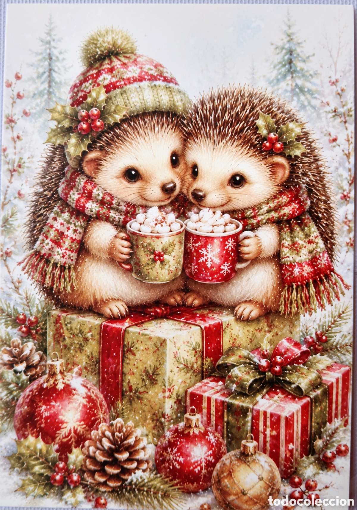 Postales: POSTAL NAVIDAD - ERIZO TAZA PUESTO BEBIDAS PAISAJE NEVADO - ESTILO ANTIGUO