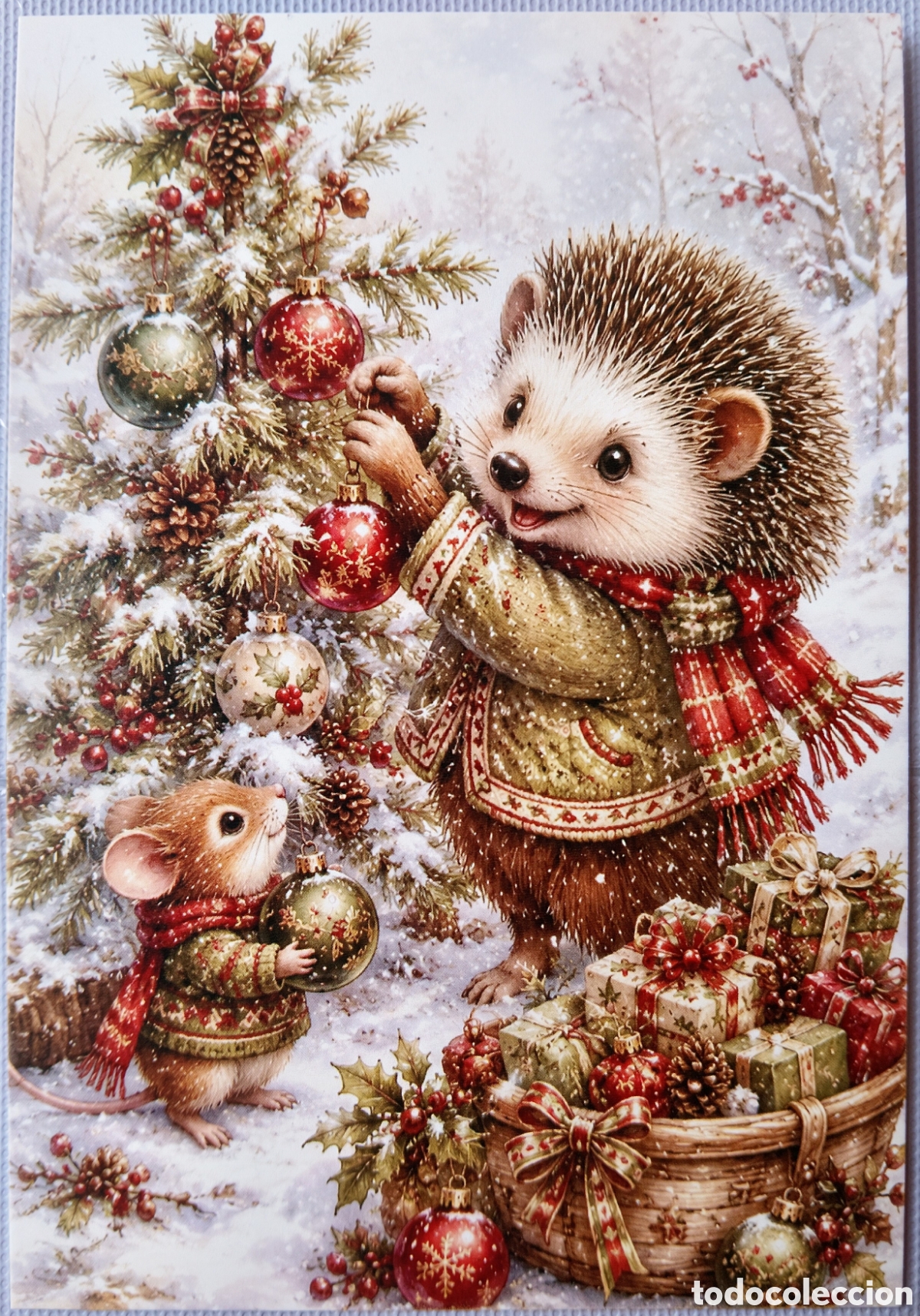 Postales: POSTAL NAVIDAD - ERIZO RATONCITO &Aacute;RBOL REGALOS PAISAJE NEVADO - ESTILO ANTIGUO