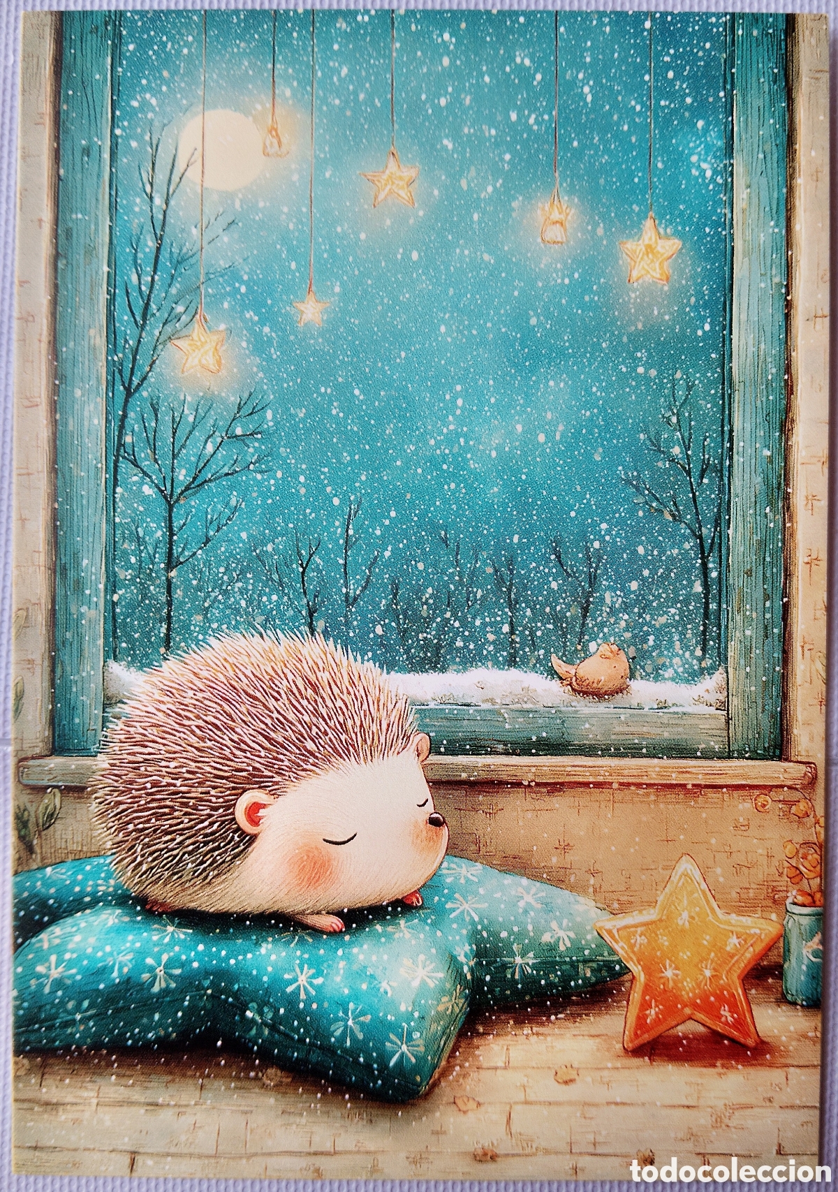 Postales: POSTAL NAVIDAD - ERIZO ESTRELLAS VENTANA PAISAJE NEVADO - ESTILO ANTIGUO