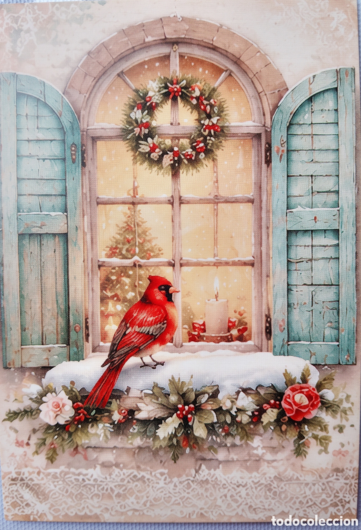 Postales: POSTAL NAVIDAD - PAJARITO PETIRROJO VENTANA &Aacute;RBOL NIEVE - ESTILO ANTIGUO