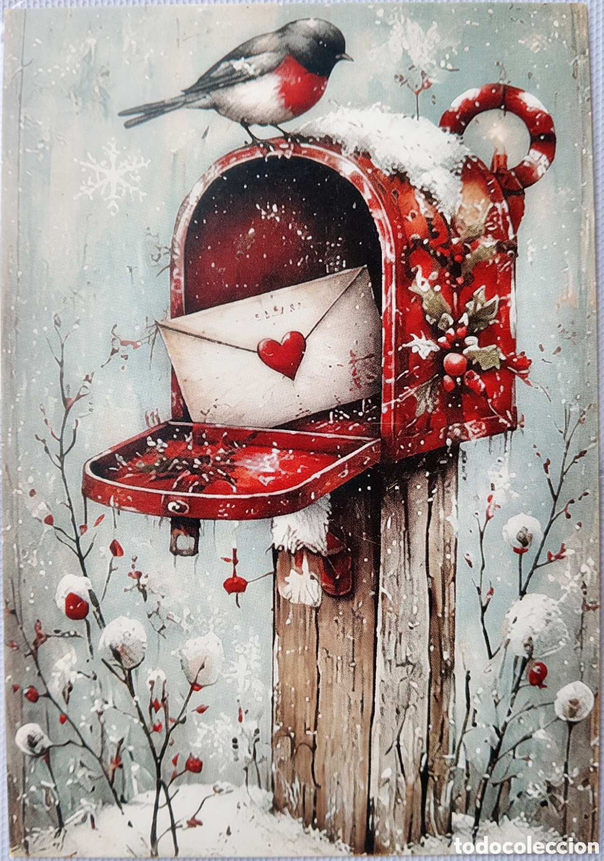 Postales: POSTAL NAVIDAD - PAJARITO BUZ&Oacute;N NIEVE - ESTILO ANTIGUO