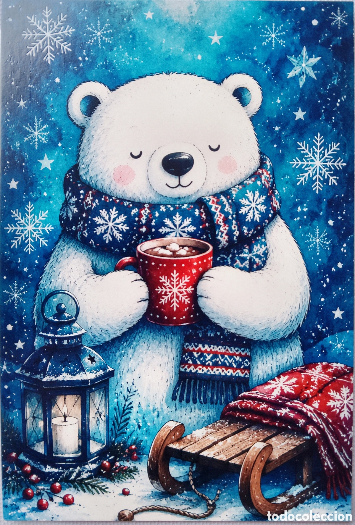 Postales: POSTAL NAVIDAD - OSO OSITO POLAR TAZA FAROL TRINEO PAISAJE NEVADO - ESTILO ANTIGUO
