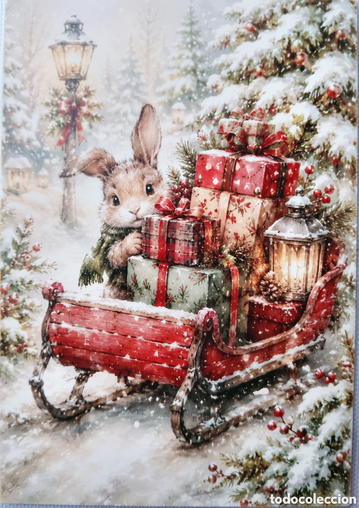 Postales: POSTAL NAVIDAD - CONEJITO TRINEO REGALOS PAISAJE NEVADO - ESTILO ANTIGUO
