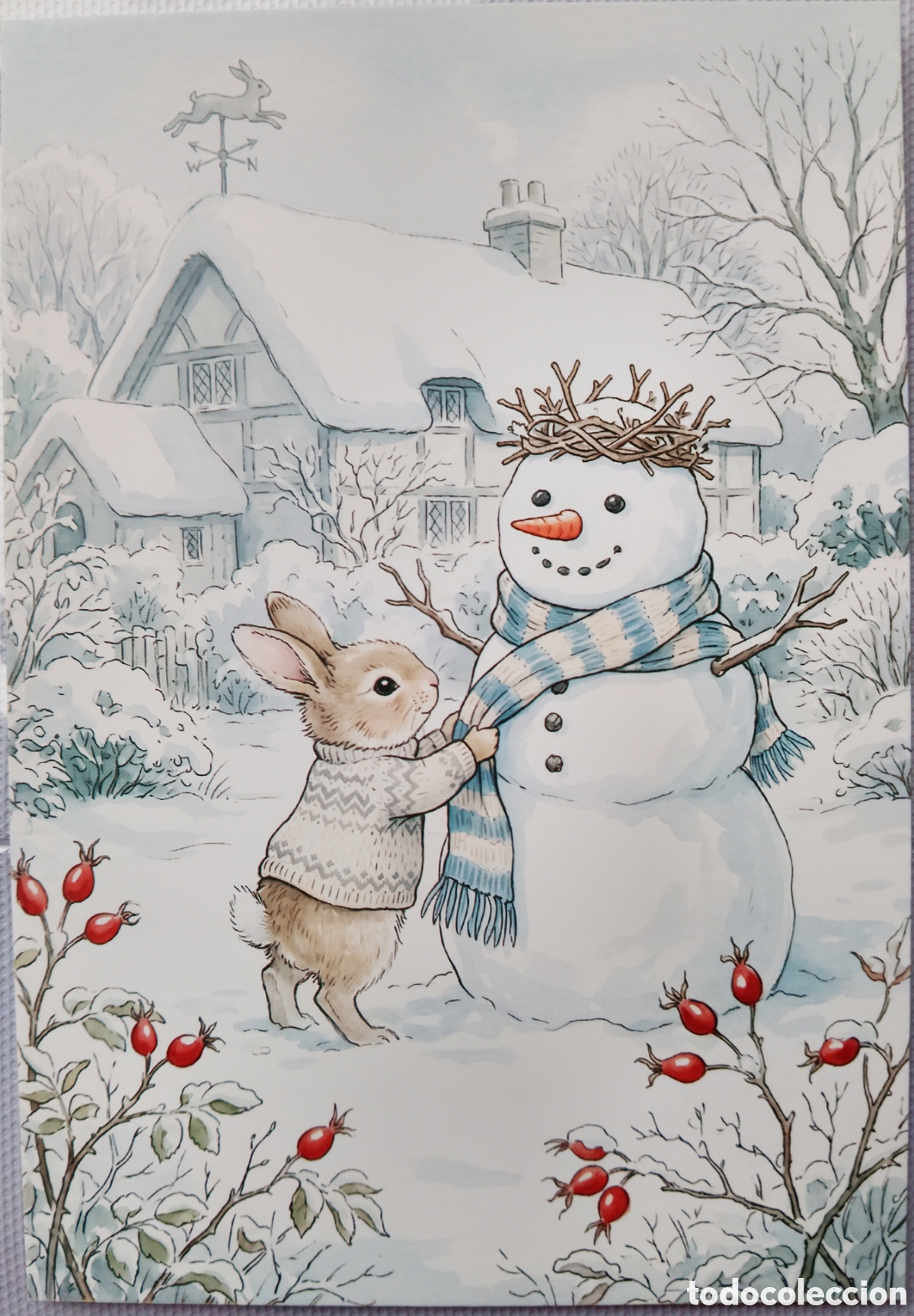 Postales: POSTAL NAVIDAD - CONEJITO MU&Ntilde;ECO DE NIEVE PAISAJE NEVADO - ESTILO ANTIGUO