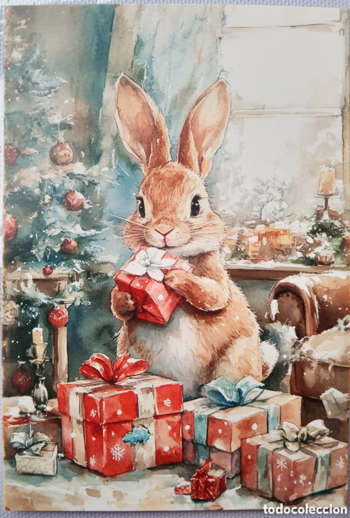 Postales: POSTAL NAVIDAD - CONEJITO &Aacute;RBOL REGALOS PAISAJE NEVADO - ESTILO ANTIGUO