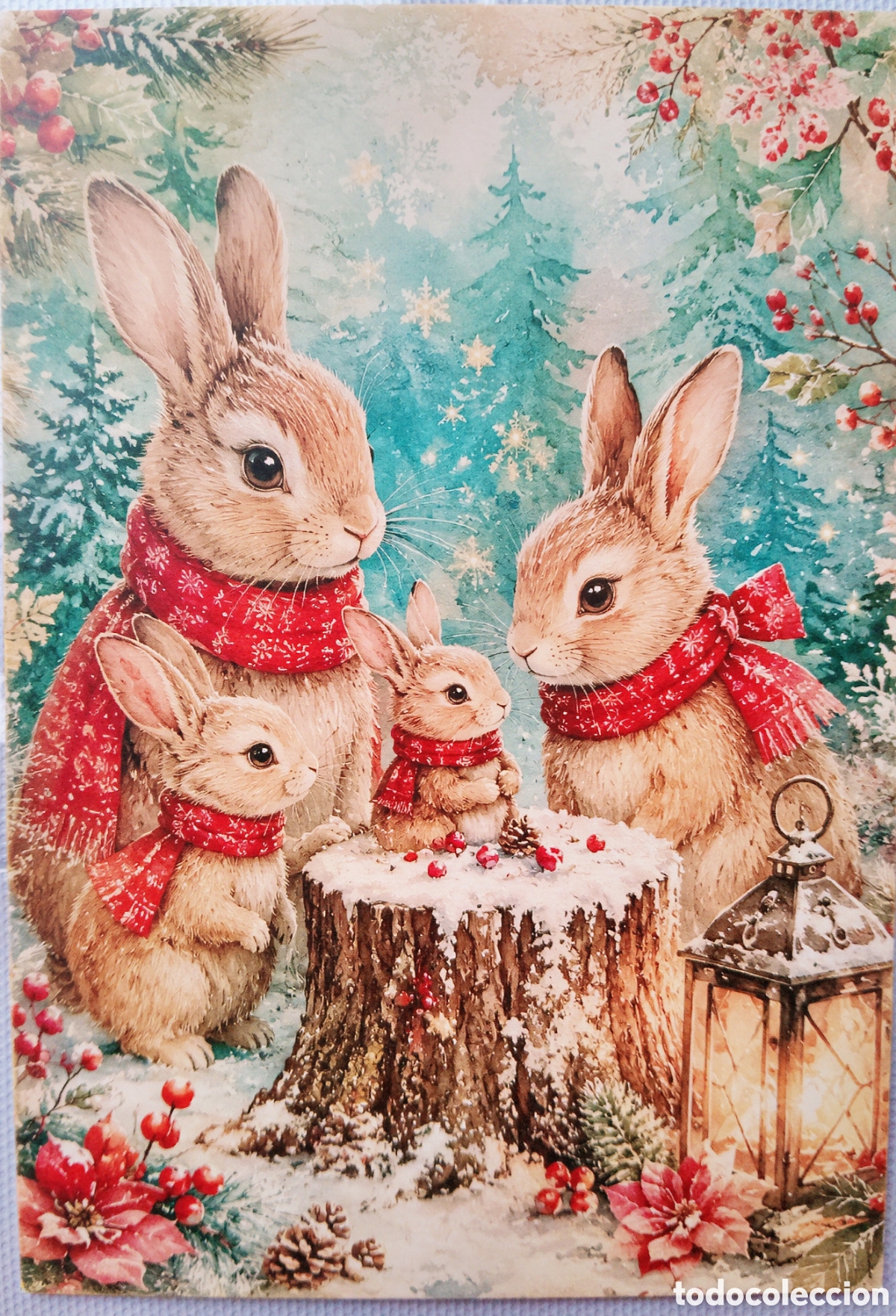 Postales: POSTAL NAVIDAD - FAMILIA CONEJITOS PAISAJE NEVADO - ESTILO ANTIGUO