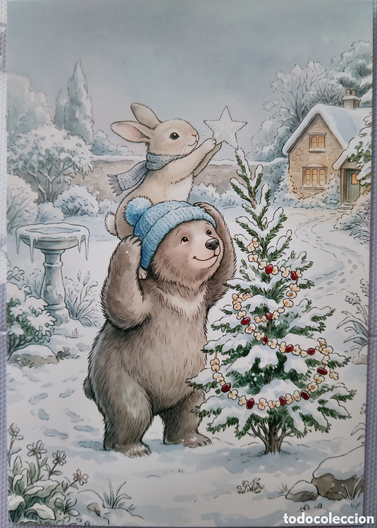 Postales: POSTAL NAVIDAD - CONEJITO OSO OSITO &Aacute;RBOL PAISAJE NEVADO - ESTILO ANTIGUO
