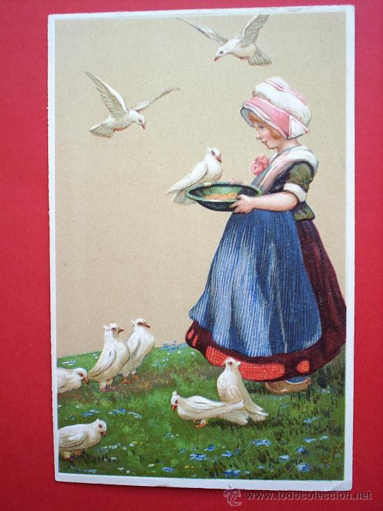 Postales: POSTAL BISELADA PALOMAS Y NI&Ntilde;A -CIRCULADA - Foto 1