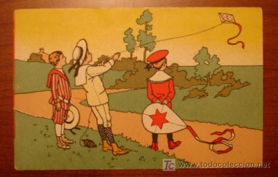 Postales: POSTAL ILUSTRADA. NI&Ntilde;OS JUGANDO CON UNA COMETA. - Foto 1