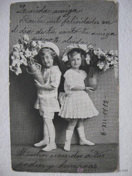 Postales: DOS NI&Ntilde;OS CON JARRONES DE FLORES, ESCRITA EN 1913. - Foto 1
