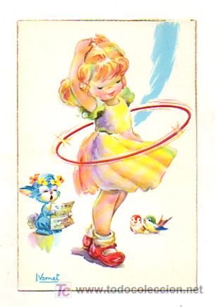 Postales: POSTAL ILUSTRADA. NI&Ntilde;A JUGANDO CON UN ARO. - Foto 1