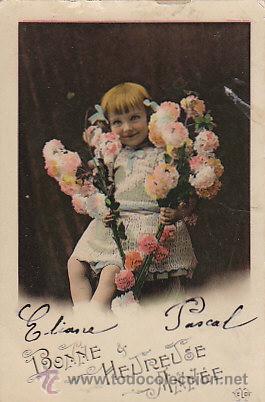 Postales: ni&ntilde;a con ramos de flores, circulada en 1908 - Foto 1