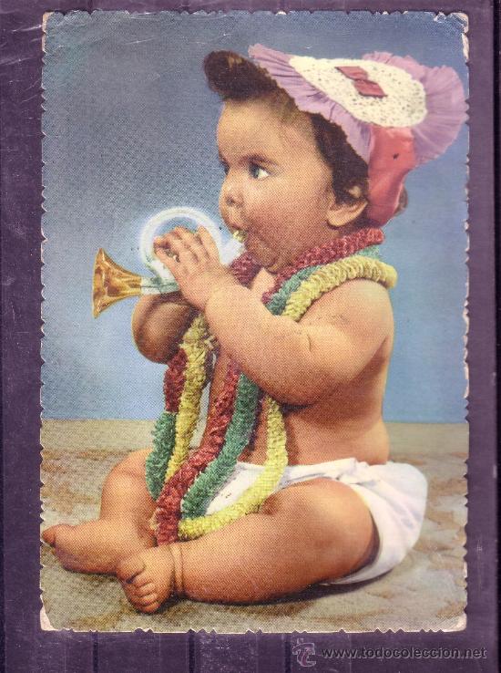 Postales: GRACIOSA POSTAL DE UN NI&Ntilde;O TOCANDO LA TROMPETA - Foto 1