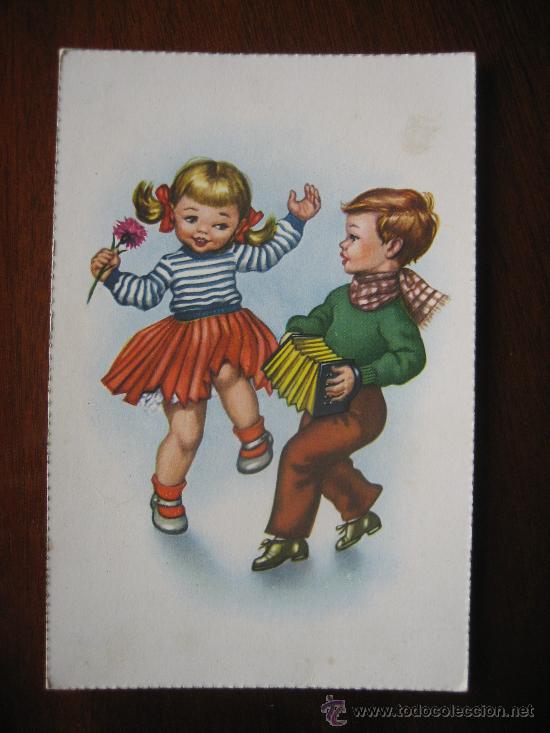 postal dibujo níños bailando con acordeón. años - Buy Antique postcards of  children on todocoleccion