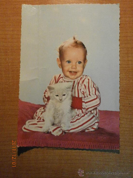 Postales: ANTIGUA POSTAL  NI&Ntilde;O CON EL GATO ESCRITA - Foto 1