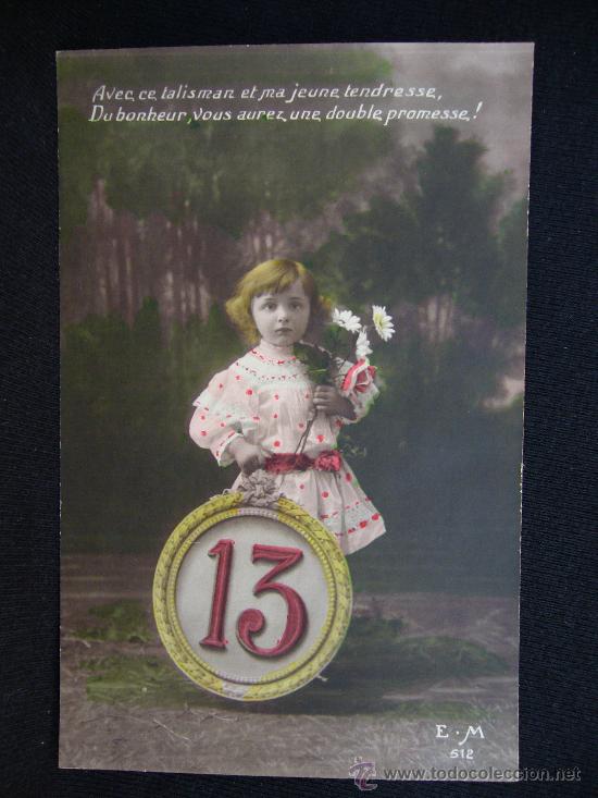 Postales: Postal Rom&aacute;ntica. B&eacute;be con talisman del n&uacute;mero 13. - Foto 1