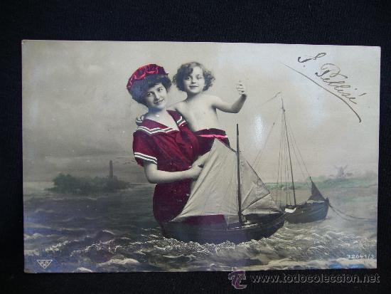 Postales: Postal Rom&aacute;ntica. Mujer y ni&ntilde;o con barcos. - Foto 1