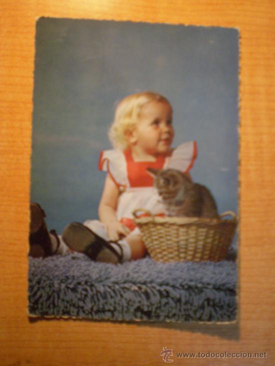 Postales: POSTAL NI&Ntilde;A CON EL GATO ESCRITA - Foto 1