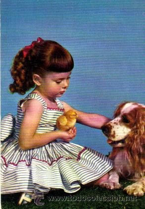 Postales: POSTAL NI&Ntilde;A CON PERRO Y POLLITO** SIN CIRCULAR - Foto 1