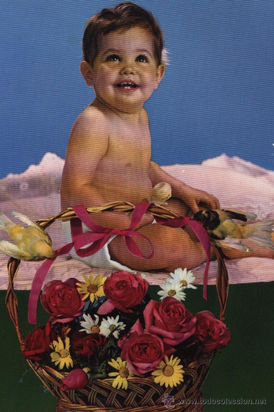 Postales: Postal ni&ntilde;o con cesta y pajaritos - Foto 1
