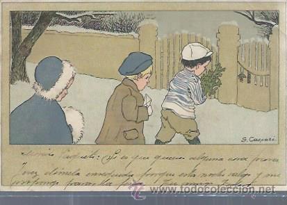 Cartes Postales: TARJETA POSTAL NI&Ntilde;OS, NI&Ntilde;OS PASEANDO POR LA NIEVE CON &Aacute;RBOL DE NAVIDAD Y CARTA A LOS RRMM