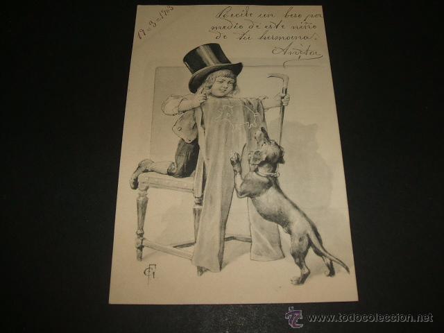 Postales: NI&Ntilde;O CON PERRO POSTAL ANTERIOR A 1905 - Foto 1