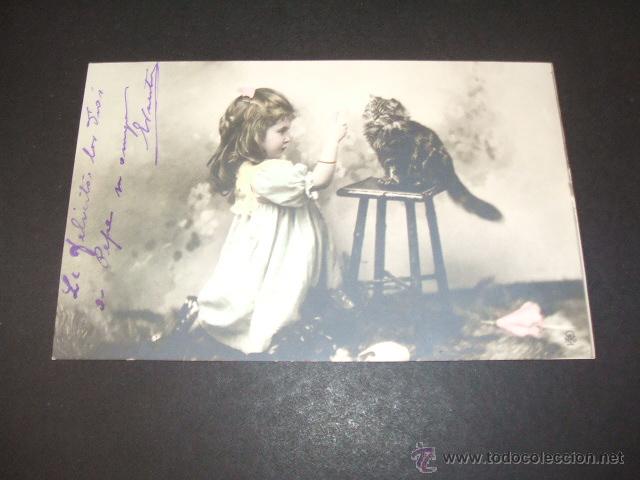 Postales: NI&Ntilde;A CON GATO POSTAL ANTERIOR A 1905 - Foto 1