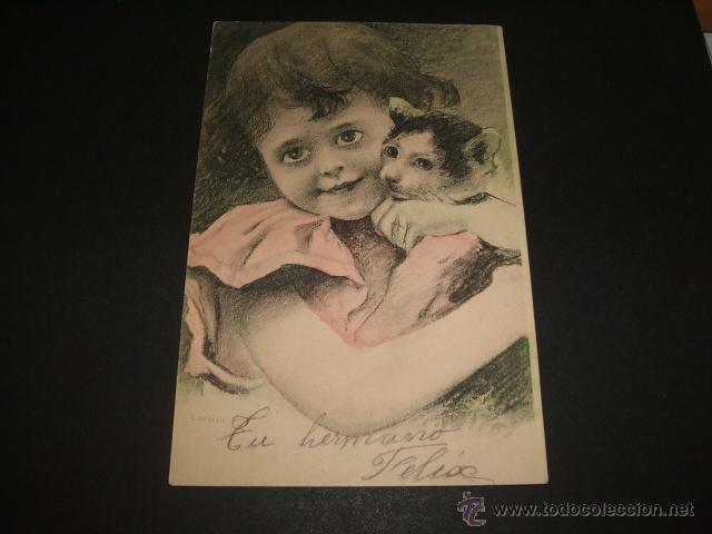 Postales: NI&Ntilde;A CON GATO ANTIGUA POSTAL - Foto 1