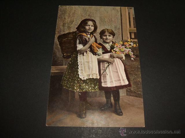 Postales: NI&Ntilde;AS CON FLORES ANTIGUA POSTAL - Foto 1