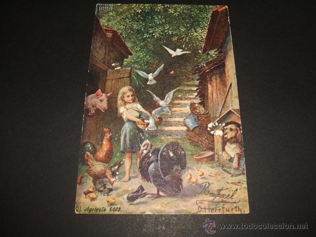 Postales: NI&Ntilde;A EN GRANJA ANTIGUA POSTAL ILUSTRADA - Foto 1